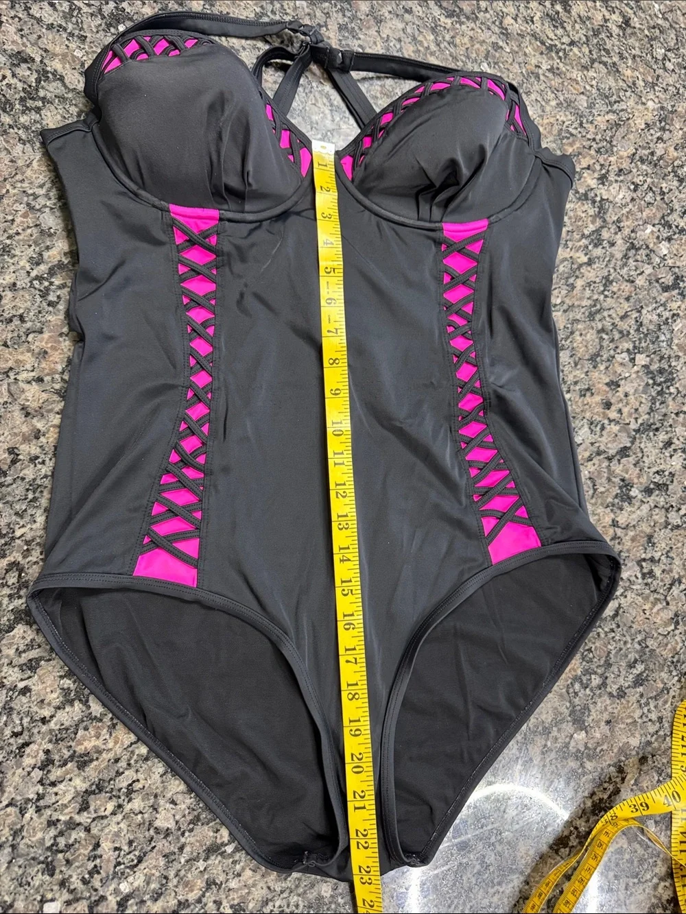 torrid Black One-Piece Swimsuit with Pink Lattice Accents EUC 2X